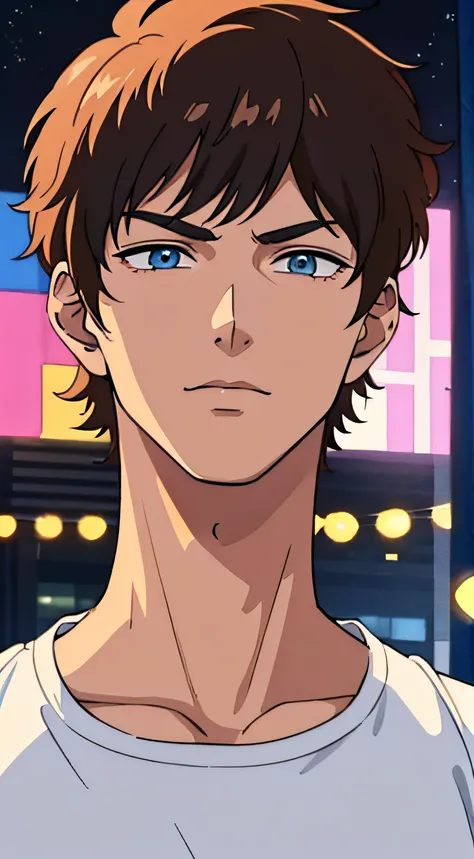 masterpiece, best quality, 2.5D anime, ultra high detailed,full-color, 1 boy, anime style, portrait shot of a handsome 26 year old male, his name is leo skywalker, in the busy city, evening, city nightlights, the man is very handsome, his face has perfect ...