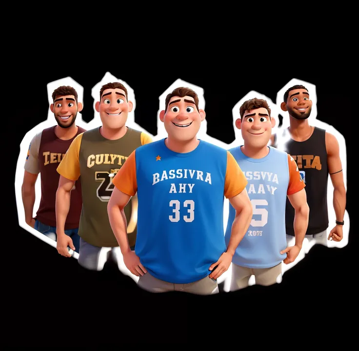 Homens estilo disney pixar, alta qualidade, Amigos, pagodeiros, musicians, com camisetas de basquete, camisetas NBA,poster no estilo pixar, Passion Shape, Banda, obra prima, plano de fundo