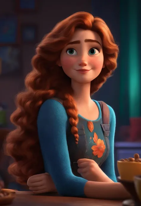 Um filme inspirado na Disney Pixar (MENINA N JOVEM COM CABELO LONGO CACHEADO PRETO) dentro A cena estar na arte distinta do estilo PIXAR, descolada e estilosa