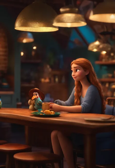 Um filme inspirado na Disney Pixar (MENINA N JOVEM COM CABELO LONGO CACHEADO PRETO) dentro A cena estar na arte distinta do estilo PIXAR, descolada e estilosa