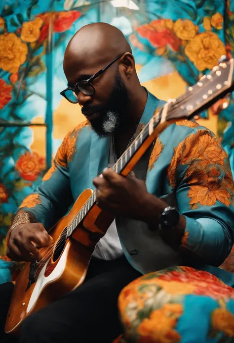 A bald black man with a beard wearing glasses. Playing guitar