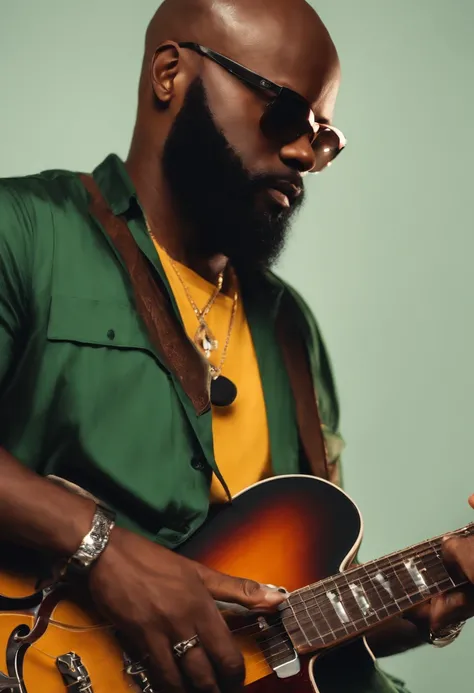 A bald black man with a beard wearing glasses. Playing guitar