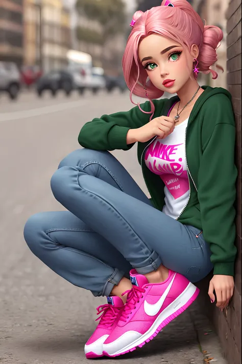 Imagem Pixar 3D menina loira de olhos verdes de 8 anos, cabelos na altura dos ombros e franjinha, usando vestido rosa com estampa da Barbie, Nike jeans and sneakers on the feet