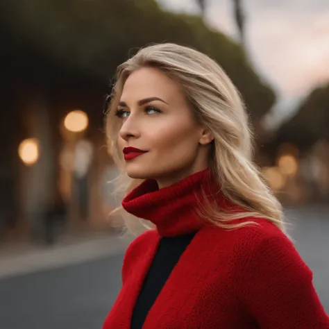 Blonde woman with long hair wearing red turtleneck and red sweater, inspired by Károly Lotz, imagem de perfil, foto de perfil, foto de perfil headshot, Directed by: Andrée Ruellan, com um castelo ao fundo, com uma figura ao fundo, inspired by Emma Ríos, fo...