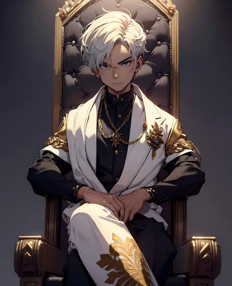 menino novo com uma coroa de ouro, grandes olhos azuis brilhantes, and short white hair sitting on a luxurious ornate throne in ...