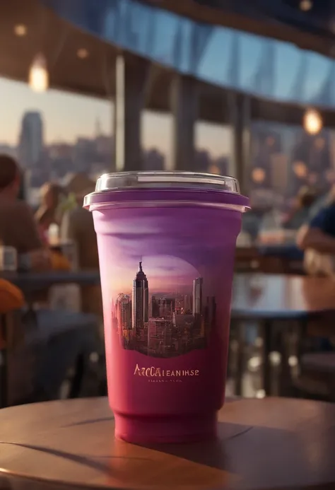 3d type logo on a plastic cup with the name "acai berry"  On a table in a diner overlooking a city with buildings and lots of people looking at the glass