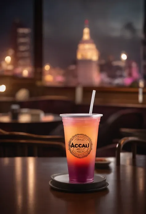 3d type logo on a plastic cup with the name "acai berry"  On a table in a diner overlooking a city with buildings and lots of people looking at the glass