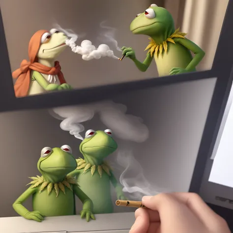 Hyper realistic .5 picture of kermit the fron smoking weed in the white house