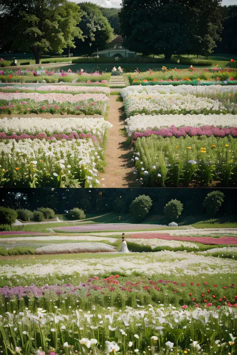 There is a dining table in the flower field，White tablecloth，White dining table，White dining table in the middle of a field of flowers，Wedding set-up，with flower fields as foreground, with flower fields as foreground, Flower field dinner, flower  field, wi...