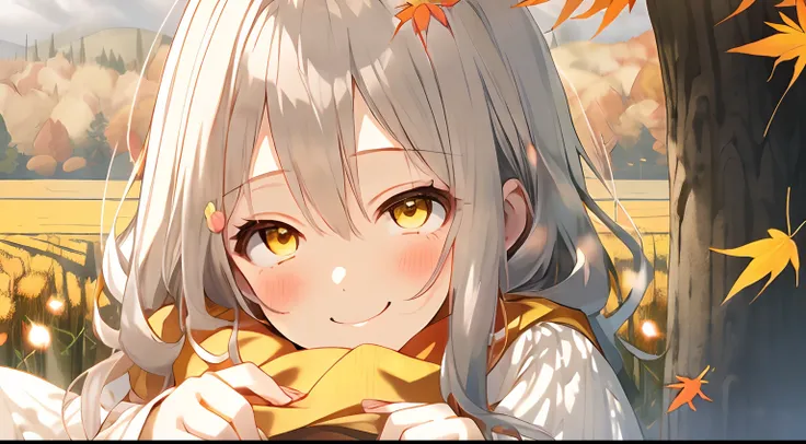 girl with,Light gray hair,Yellow eyes,Fluffy dresses,Autumn attire,Autumn landscape,Colored leaves,Dress Sex,flower  field,full of sunlight,Upper Eyes,Smile while blushing,The person is on the right,A few small birds are flying