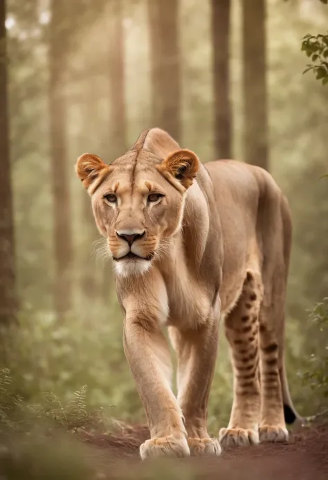 An adult lioness in a magical forest