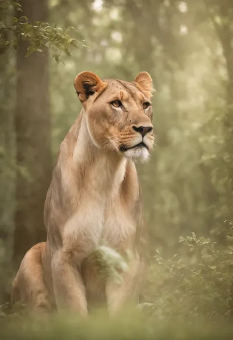 An adult lioness in a magical forest