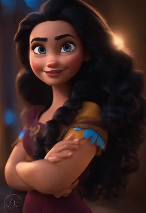 Imagem estilo Pixar com personagem 3D , Maquiagem Disney, mulher segurando um queijo,cabelos negros, bonitinho, sorridente ,Close-up, Pixar, Disney, Cinema lighting,