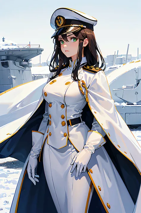 (masterpiece), best quality, expressive eyes, perfect face, (female adult), serious expression, (green eyes), (brunette medium hair), (medium breasts), (wearing A navy captains "Full Dress white Uniform" with full-sized medals, white gloves:1.4), (wearing ...