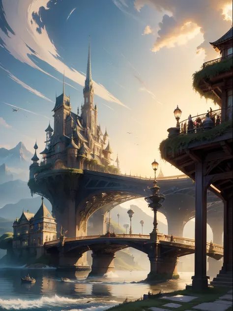 (Masterpiece:1.2), Extremely intricate details, ff14style, Dynamic painting, Depict a bustling city，A majestic bridge spans a wide river, Surrounded by towering giant mushrooms. The vast landscape bursts with bright colors