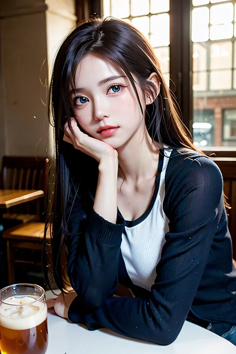 (8K、Raw photography、top-quality、​masterpiece:1.2)、(realisitic、Photorealsitic:1.37)、1 girl in、cute little、adolable、(blue eyess)、(Shy smile:0.4)、(独奏)、详细的脸、oval-face、(Narrow-eyed:1.4)、poneyTail、A slender、Big breasts、jaket、White tee shirt、Dramatic Angle、tilt o...