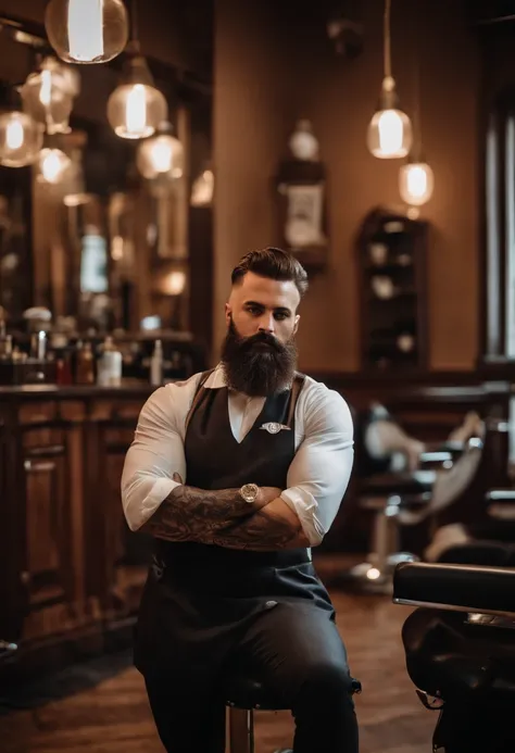 Homem meia idade, cabelos brancos com uma barba curta e pontiaguda no queixo, Tipo Viking, His profession is barber, Hes in a very chic and modern barbershop, Roma, Italy