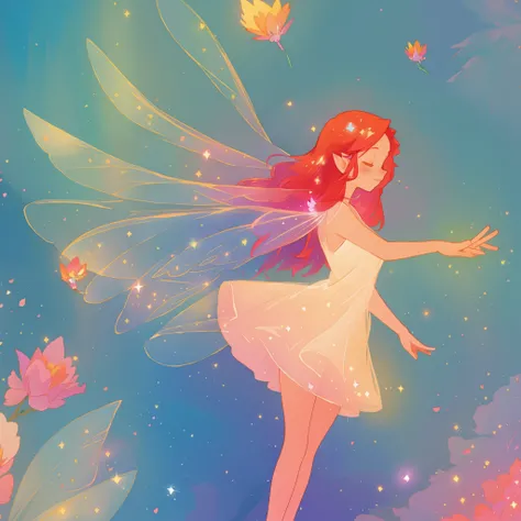 beautiful fairy girl in sparkling flowing dress, fairy dress, (huge sparkling fairy wings), fairy queen, ((magical colorful otherworldly landscape)), (glowing fairy wings), long red colorful hair, sparkling fairy wings, watercolor illustration, flowers and...