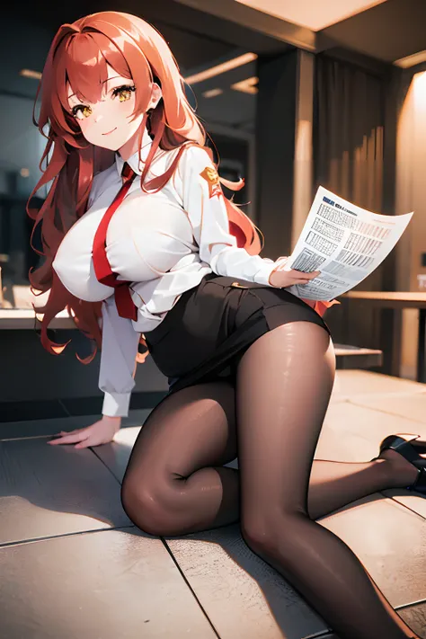 1girl, Zara azur lane, teasing smile, red hair, side tail yellow eyes, white shirt, large breasts, Bar turning, black pencil skirt, tight skirt, thick thighs, kneeling on floor, picking up fallen papers, pantyhose, office background, 4k, high quality, mast...