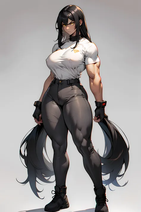 ((grey background)), solo, ((((1 girl)))), very long hair, black hair, angry, yellow eyes, (((((muscular))))), (huge tits), (thick thighs), (wide hips), (full body), pale skin, (tight shirt), (tight pants), standing, silky hair