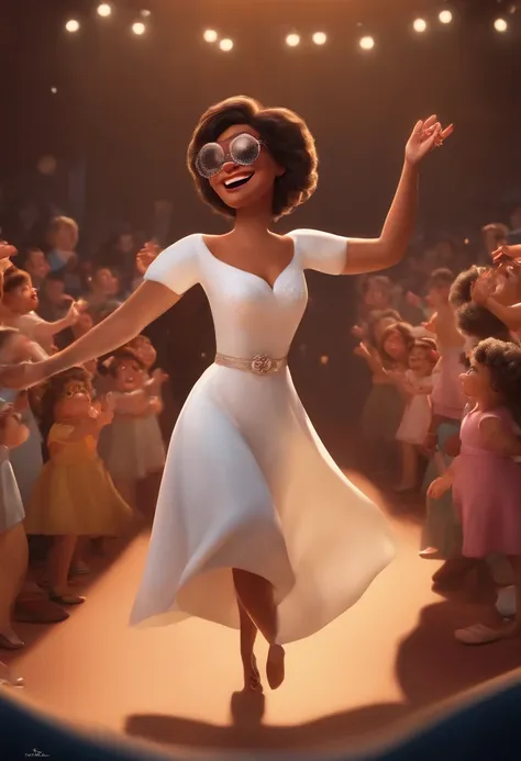 "(best quality,ultra-detalhado,Realistic:1.37),3D rendering,illustration,design de personagens,cabelos curtos e cacheados escuros,belos olhos detalhados,wearing white glasses,Estilo Pixar,morena mulher,Dancing on the Disney stage,atmosfera animada,vivid co...