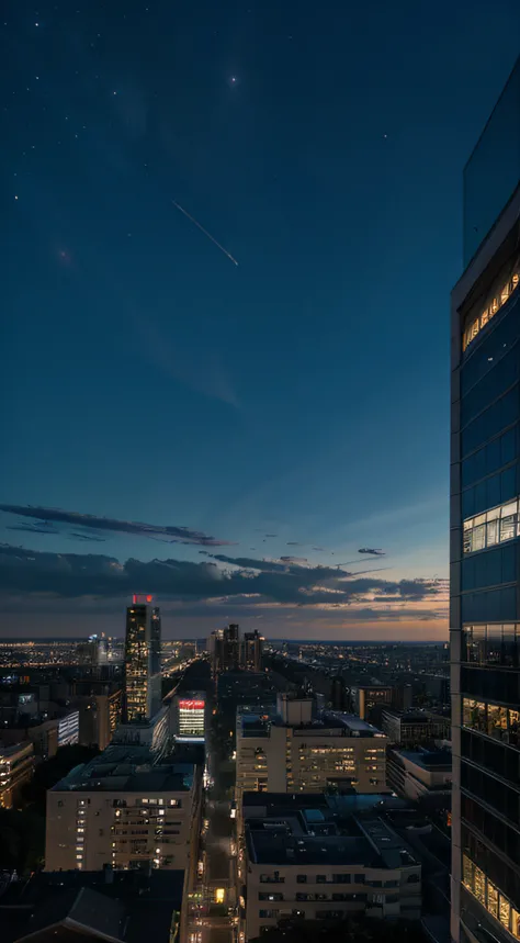 City view with high tower building, soft light, dimlight, rim light, night sky, with light building