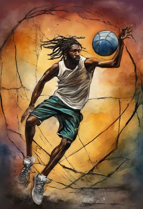 (best quality,ultra-detalhado,Realistic:1.37),Noite estrelada por van gogh,Anjo masculino em um gueto, vestindo roupas urbanas baggy flacidez, sneakers Nike, e dreadlocks, segurando o sol como um basquete e bola! Shooting the ball through the hoop