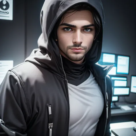 homem branco, pelos pretos, olhos preto, hacker