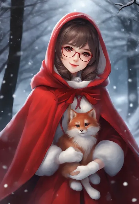 Japanese anime，A girl with glasses，Dressed in Little Red Riding Hoods clothes，Background in winter