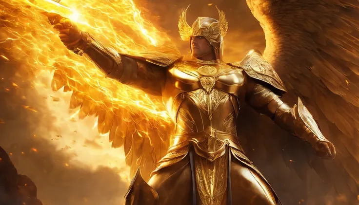 ((The Justice angel)),(take flame blade which reflect the dizzle light),burnning up in fire,equiped with golden armer,((eyes shinning gold beam)),background in holy beaming from the heaven,((illustration style)),official art,epic storry