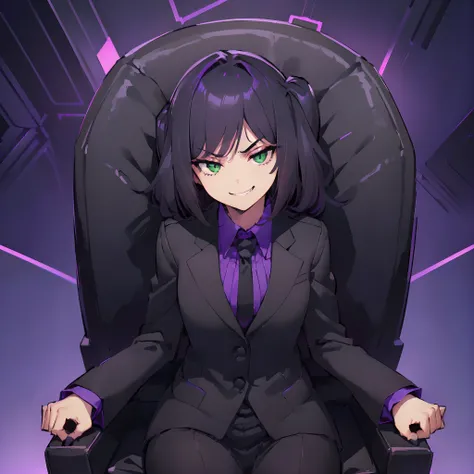 (((1girl, cheeky looking buisness woman with a devious grin, black buisness suit, black dyed hair, green eyes, small bust, making a smug and haughty expression, sitting in an office chair, dark atmosphere, dystopian, dim purple pink lighting)))