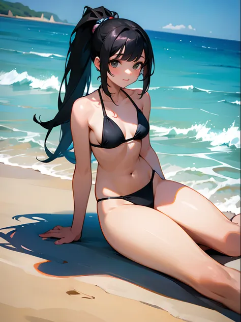 On the beach by the sea，A girls figure eight sits on the beach，Wearing a black bikini，Comb your ponytail，There is a colorful expression on his face，