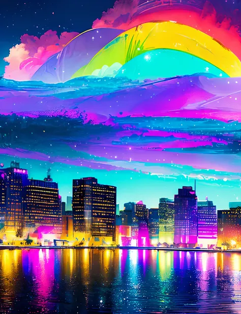 Colorful Metropolitan Museum of Art、River painting with stars and moon in rainbow sky、the met、Shining skyscrapers、Shine across the board、Skyscrapers、Concept art inspired by Mitsuoki Tosa、pixiv contest winners、top-quality、Fantasyart、beautiful anime scene、Br...