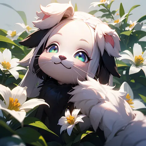 One with cute fluffy fur, Background surrounded by flowers、Adorable Digital Painting, Nendroid-like 3d rendering, Bright lighting, Vibrant colors,