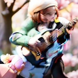 (masterpiece),(best quality),(ultra-detailed), (full body:1.2),
1girl,chibi,cute, smile, open mouth,
flower, outdoors, playing guitar, music, beret, holding guitar, jacket, blush, tree, :3, shirt, short hair, cherry blossoms, green headwear, blurry, brown ...