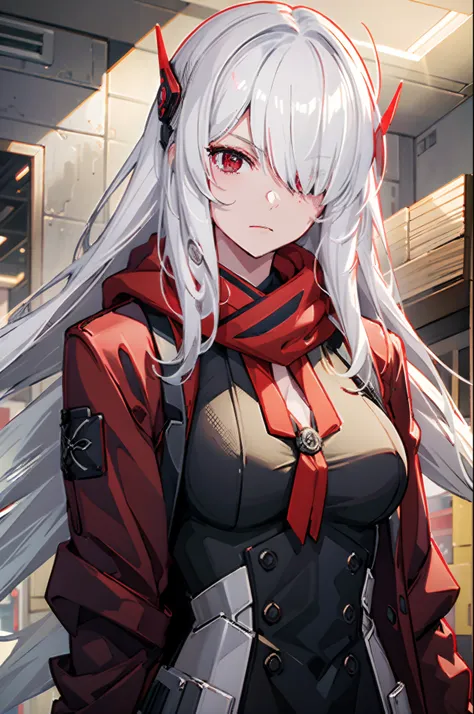 ((best quality)), 1girl, white hair, red coat, large breasts, red eyes, long hair, hair over one eye, red scarf, indoors, close ...