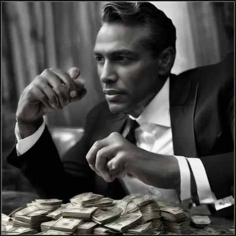 Handsome and rich man,A pile of banknotes and coins in front of him， Real Photographics,  Dramatic lighting, Intense expression, Determined eyes, hold fists, Sweat dripped down his face, Ruffled suit, Crumbling dollar bills, Smoke rises in the background, ...