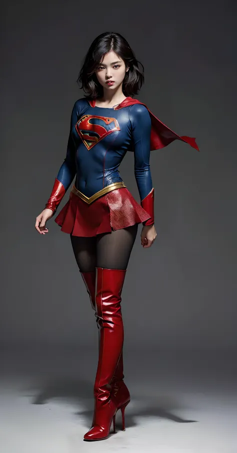 Beautiful girl fighting、japanes、Cute Beautiful Girl、(((Wear black tights on your beautiful legs.)))、(((beauty legs)))、(((Open thighs)))、((((Make the most of the original image)))、(((Supergirl Costume)))、(((Beautiful hair in a short cut)))、(((Injured)))、(((...