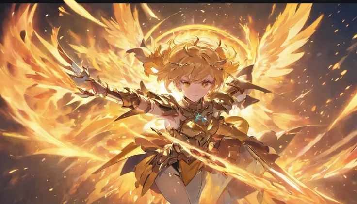 ((The Justice angel)),(take flame blade which reflect the dizzle light),burnning up in fire,equiped with golden armer,((eyes shinning gold beam)),background in holy beaming from the heaven,((illustration style)),official art,epic storry