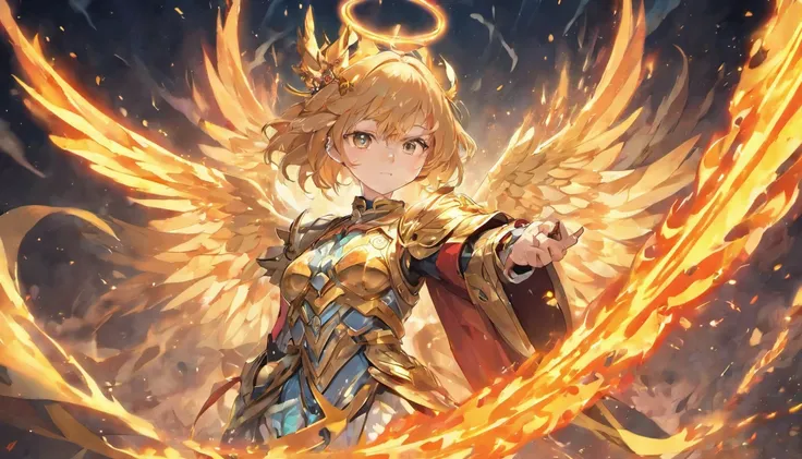 ((The Justice angel)),(take flame blade which reflect the dizzle light),burnning up in fire,equiped with golden armer,((eyes shinning gold beam)),background in holy beaming from the heaven,((illustration style)),official art,epic storry