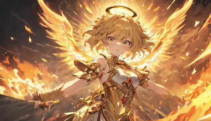 ((The Justice angel)),(take flame blade which reflect the dizzle light),burnning up in fire,equiped with golden armer,((eyes shinning gold beam)),background in holy beaming from the heaven,((illustration style)),official art,epic storry