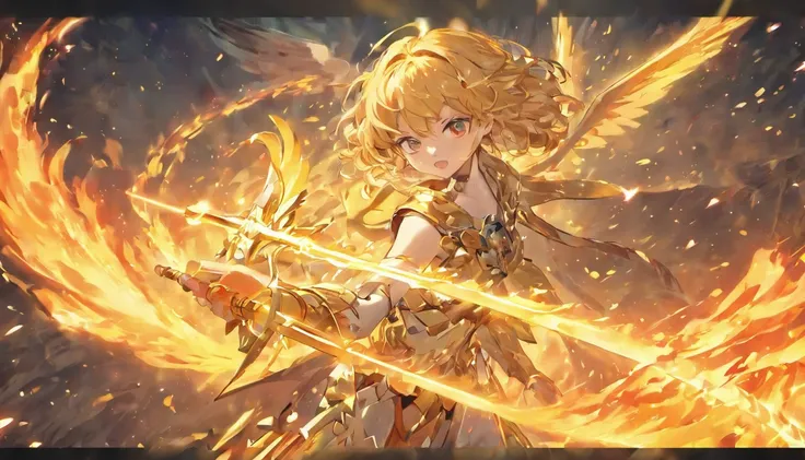 ((The Justice angel)),(take flame blade which reflect the dizzle light),burnning up in fire,equiped with golden armer,((eyes shinning gold beam)),background in holy beaming from the heaven,((illustration style)),official art,epic storry