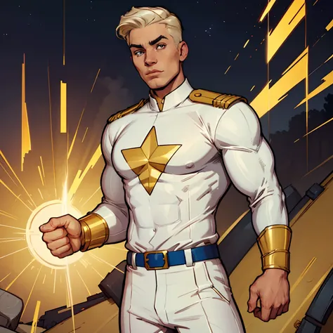 Cartoon of a white uniform superhero man with golden details