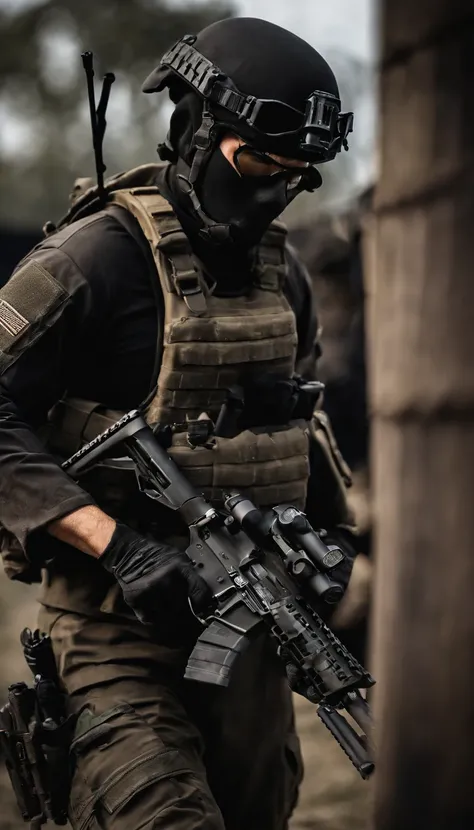 (Best quality,4K,8K,A high resolution,Masterpiece:1.2),Ultra-detailed,(Realistic,Photorealistic,photo-realistic:1.37), One of them wore a black SWAT uniform，Man in black helmet, A man in a black mask holds a gun, Air rifle CQB, French Special Operations, r...