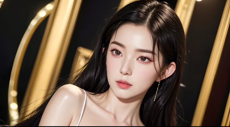 best quality,ultra-detailed,realistic,black hair,black eyes,closed mouth,collarbone,earrings,detailed lips,long hair,around tail,looking at the audience,portrait style,vivid colors,soft lighting