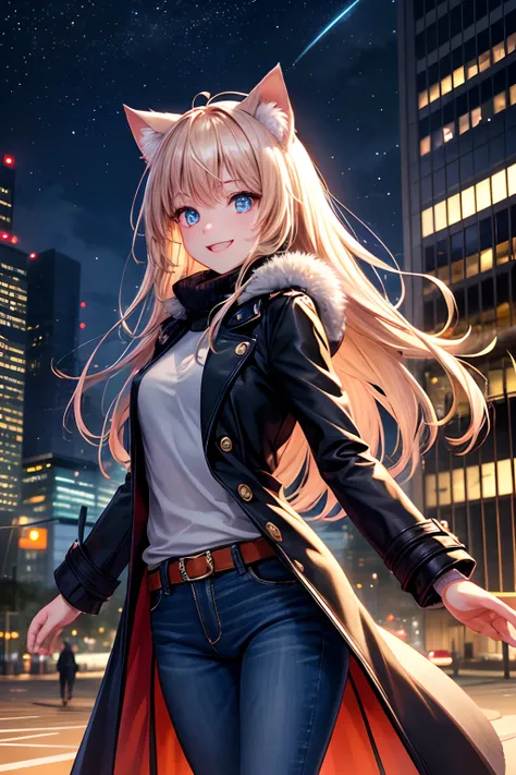 Top quality, high resolution, perfect human structure, background focus, front view, glowing hair, glowing eyes, cat ears, in the city, building, intersection, jeans, coat, toothy smile, lots of stars in the sky, looking away , gradient eyes, swept bangs,