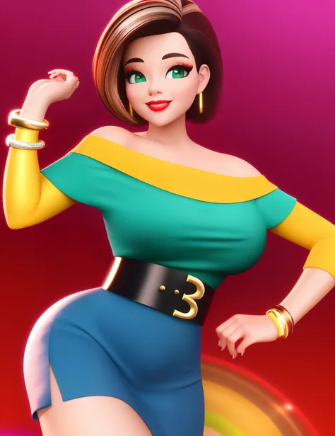 imagem 3D estilo Pixar. Mulher brasileira morena de 39 anos com cabelos cacheados, Medium length below the shoulders with highlights, olhos mel e rosto redondo, Smiling and wearing bright red lipstick wearing off-the-shoulder blouse in fluorescent green co...