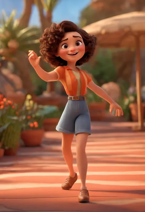 Pixar style image with 3D character white glasses brunette woman short curly hair 35 years old dancing, Maquiagem Disney,Pescador, bonitinho, sorridente ,Close-up, Pixar, Disney, Cinema lighting,