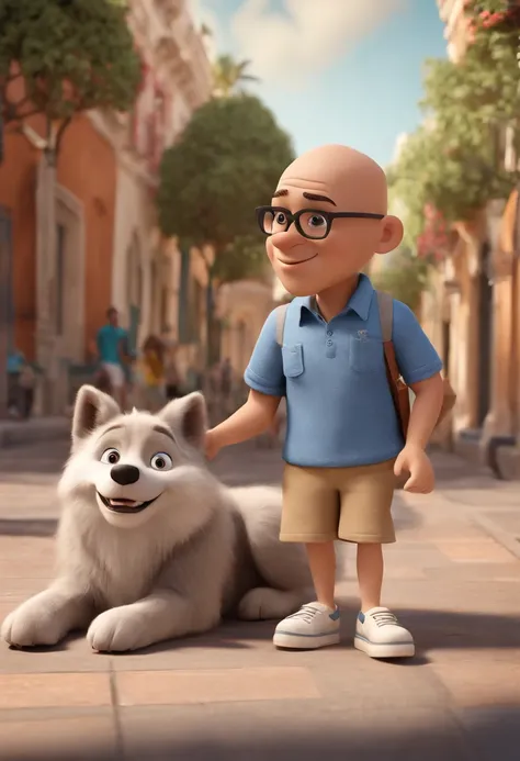 Disney-inspired Pixar 3D capturing a scene with a man with his 35 years of mixed-race ethnicity, completely bald and smooth face, usando camiseta, Bermuda shorts and an aviator-style pair of glasses, passeando na rua com seu lobo adulto de pelo todo branco...