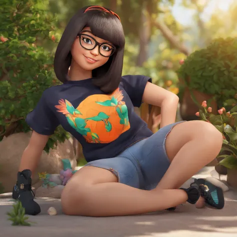 Isis a gorgeous teen girl, cabelo preto liso longo com franja, olhos castanhos escuros, bespectacled, vestindo uma camiseta com um gato desenhado nela e sorrindo. wearing jeans, Black Allstar sneakers lying in the garden